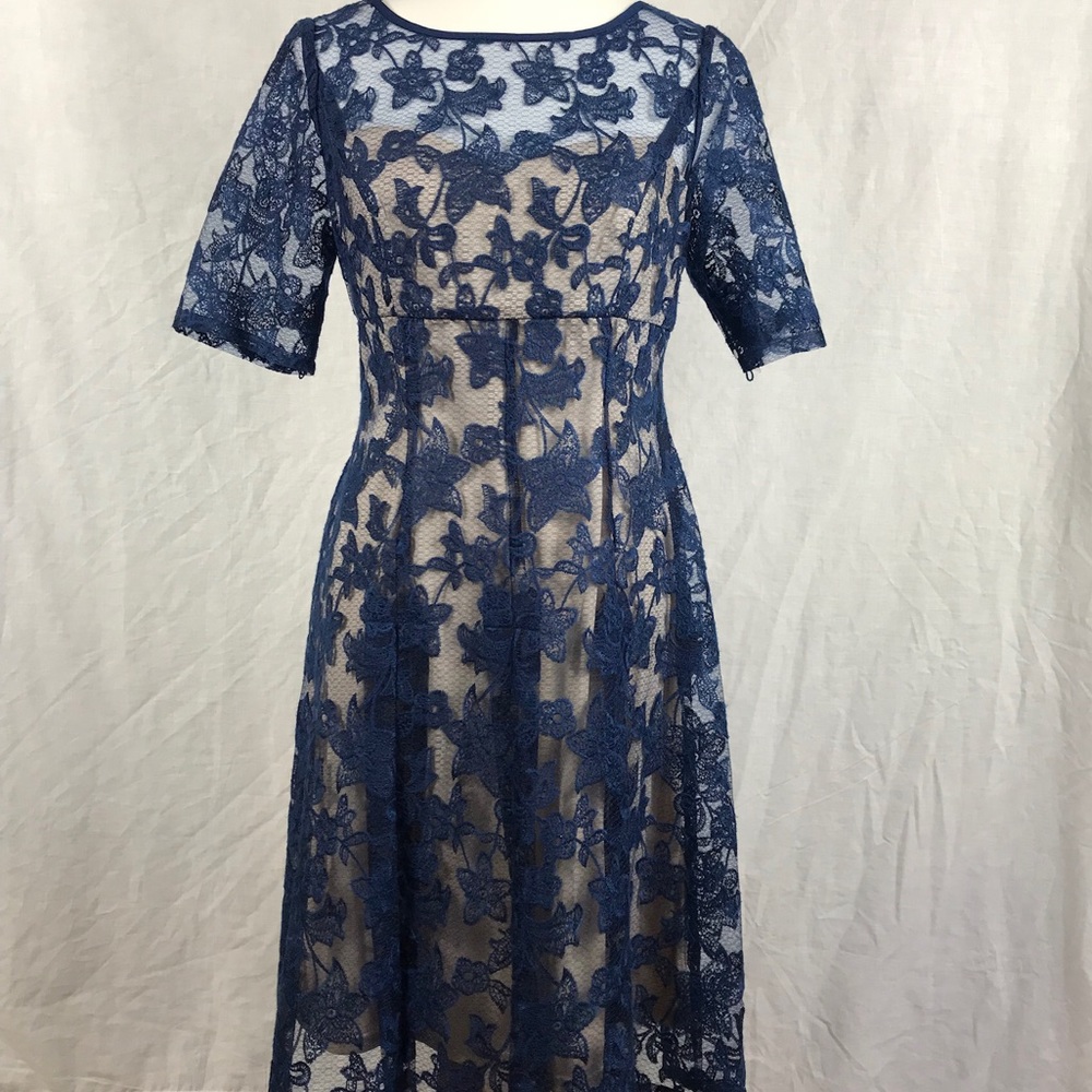 Adrianna Papell Navy Blue Lace Midi Dress with Nude Lining